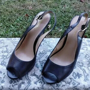 Nine West Snowball Heels Slingback Pump in Black Open Toe/Peep-toe